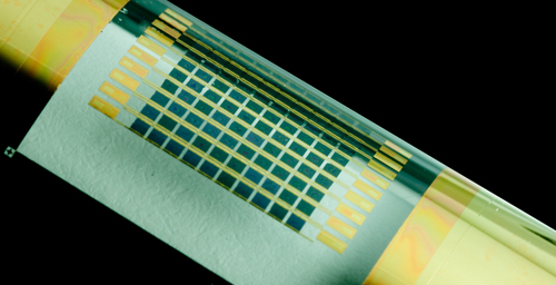 A flexible array of gallium arsenide solar cells. Gallium arsenide and other compound semiconductors are more efficient than the more commonly used silicon.