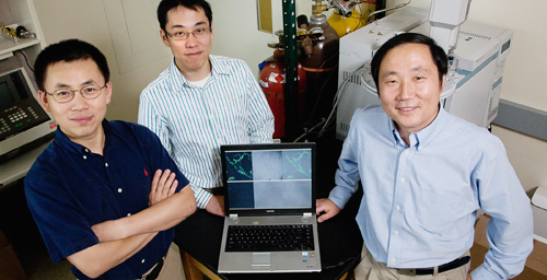 Jianjun Cheng, professor of materials science and engineering, left; Rong Tong, graduate student, center, and Yi Lu, professor of chemistry, were on a team that developed a reversible method for delivering cancer drugs to tumor cells.