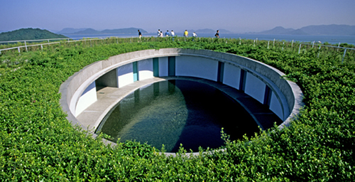 Green roof of Noshina Hotel on Naoshima Island, Kagawa Prefecture, designed by Tadao Ando and built in 1997.