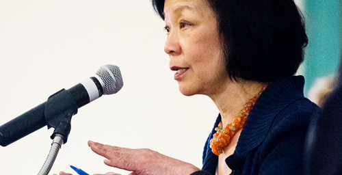Moving forward Chancellor Phyllis M. Wise, addressing a capacity crowd at her town hall address April 9, reported that many of the goals in the three-year Strategic Plan had either been met or are underway.  Click photo to enlarge