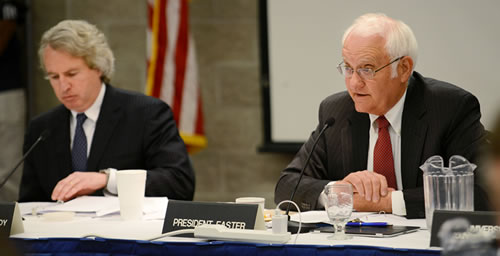Ambitious goal A search is underway for a successor to university President Bob Easter (at right), shown at the recent U. of I. Board of Trustees meeting May 14 in Springfield with board chair Christopher Kennedy. Those on the Urbana campus who would like to give input during the process may attend a town hall meeting at 3 p.m. June 25 in the auditorium at the Beckman Institute for Advanced Science and Technology. The search committee hopes to make its final recommendation to the board by December, with the board expected to finalize the process with a replacement announcement in January. Easter's term ends June 30, 2015.  Click photo to enlarge
