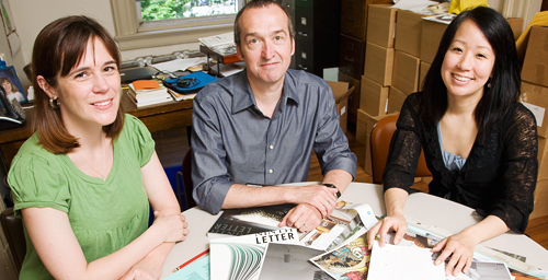 Quality by design Although the UI's literary arts magazine, Ninth Letter, is designed by students and its content ranges from previously unpublished writers to best-selling authors, the guiding force behind its production and publication are university faculty and staff members. Pictured, from left, are editor Jodee Stanley, and art and design professors Joseph Squier and Jennifer Gunji-Ballsrud. Squier co-founded the magazine and curates its online component; Gunji-Ballsrud is its art director.  Click photo to enlarge