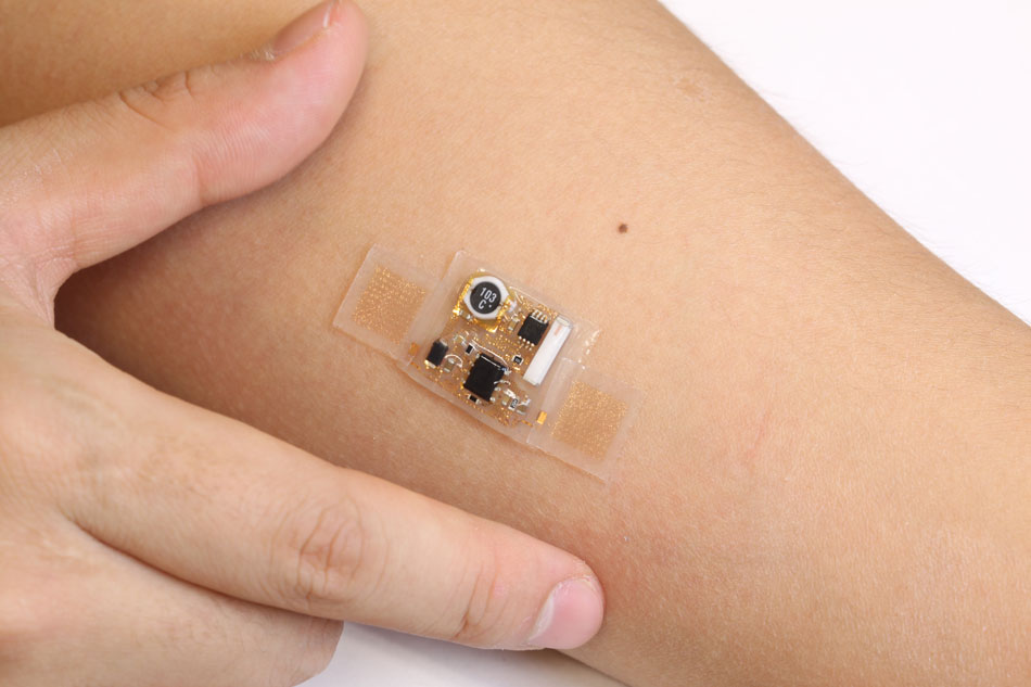 Thin, soft stick-on patches that stretch and move with the skin incorporate commercial, off-the-shelf chip-based electronics for sophisticated wireless health monitoring. The new device was developed by John A. Rogers of Illinois and Yonggang Huang of Northwestern University.