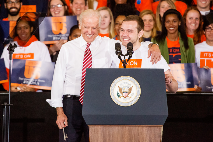 Mitch Dickey, Illinois Student Senate president, shares a laugh with U.S. Vice President Joe Biden during an April 23 event recognizing the student-led Its On Us anti-sexual assault campaign. The initiative was started by the White House last year to help reduce the number of sexual assaults occurring nationally on college campuses. It is estimated that one in five college students is sexually assaulted during their college years. U. of I. students earned special recognition and the vice presidents visit because of the high number who signed the Its On Us pledge. (To pledge, go to itsonus.org.)