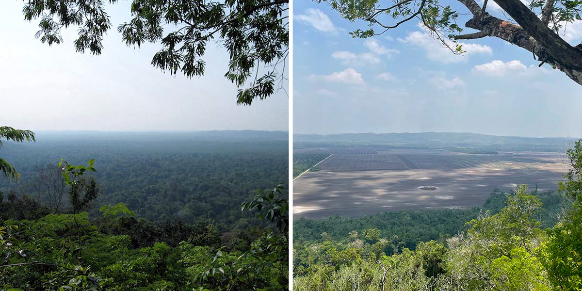 Before and after photos of jungle and farmlands taken from the same ridge in central Belize.