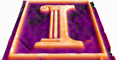 A three-dimensional image of an etched gallium-arsenide semiconductor, taken during etching with a new microscopy technique that monitors the etching process on the nanometer scale. The height difference between the orange and purple regions is about 250 nanometers.