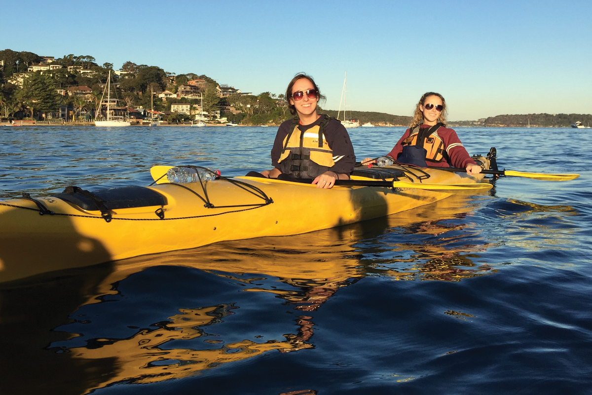 Juniors in education Rachel Granzin (left) and Lindsay Duffy go kayaking near Sydney during a study-abroad trip to Australia.