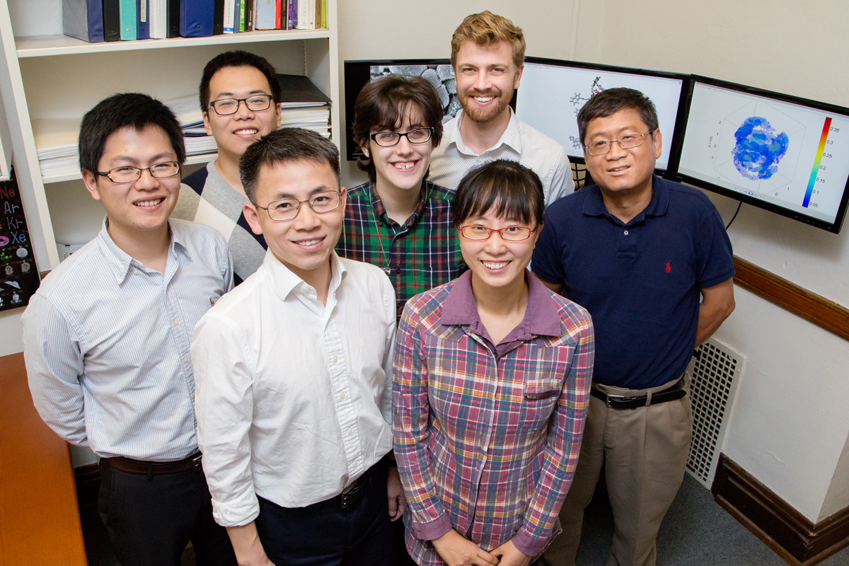 A team of researchers developed a new broad-spectrum antibiotic that kills bacteria by punching holes in their membranes. Front row, from left: materials science and engineering professor Jianjun and postdoctoral researcher Yan Bao. Back row, from left: postdoctoral researcher Menghau Xiong, graduate students Ziyuan Song and Rachael Mansbach, materials science and engineering professor Andrew Ferguson, and biochemistry professor Lin-Feng Cheng.