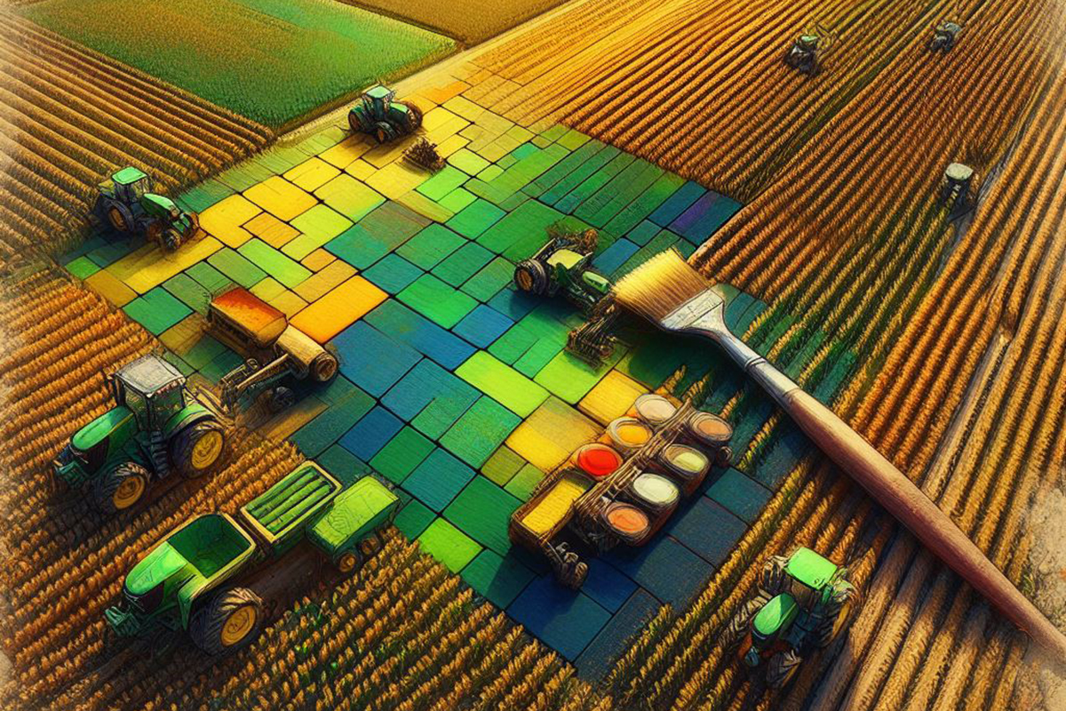 AI Illustration: Patchwork of cornfield plots painted in different colors with farm equipment poised at the field's edges. Pots of paint and a giant paintbrush rest nearby.