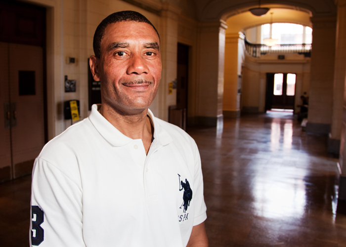 Ivory Bobo, a building services worker for Facilities and Services, has been on the overnight shift  11 p.m. to 7 a.m.  at Smith Hall for 11 months. He is one of about 300 BSWs on campus, with about 90 percent working the night shift.