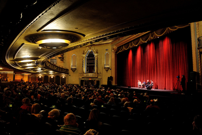 An “Ebertfest” audience takes in a panel discussion in the Virginia Theatre in downtown Champaign following a film screening at this year’s festival.