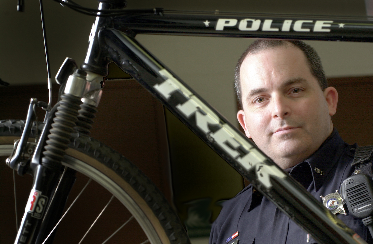 Officer Christopher Hawk of the UI Division of Public Safety is certified by the International Police Mountain Bike Association (IPMBA) as an instructor of police patrol tactics on bicycles.