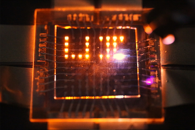 A laser stylus writes on a small array of multifunction pixels made by dual-function LEDs than can both emit and respond to light.