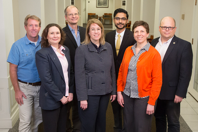 The Carle Illinois College of Medicine’s nearly 100 faculty include prominent researchers, administrators and medical professionals with a broad range of expertise. Pictured, back row, from left: Jeff Woods, professor, College of Applied Health Studies; Dan Morrow, professor, College of Education; Dr. Priyank Patel, Carle; Wawryneic Dobrucki, professor, College of Engineering. Front row, from left: Margarita Teran-Garcia, professor, College of ACES; Susan Martinis, professor, College of LAS; and Janet Liechty, professor, School of Social Work.