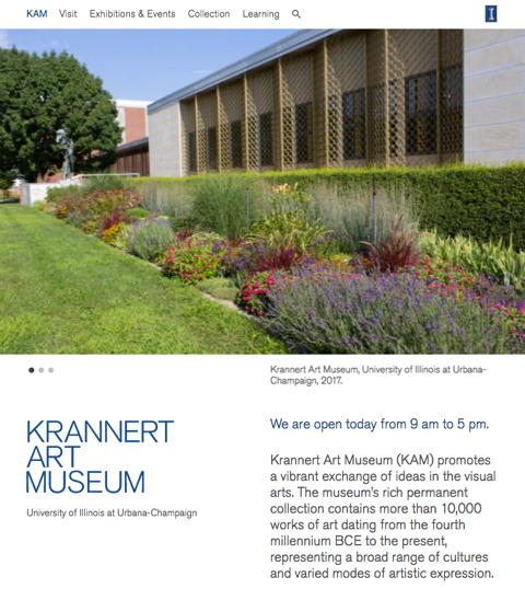Home web page of the Krannert Art Museum, showing the front of the museum, navigation and body text.