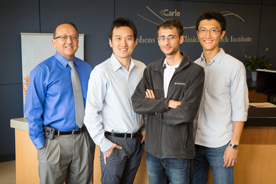 Researchers at the University of Illinois worked with physicians at Carle Foundation Hospital in a new study that found one measurement of biomarkers in the blood can predict a patient’s sepsis status as well as monitoring the patient for hours. Pictured, from left: Professors Rashid Bashir and Ruoqing Zhu, Prenosis Inc. employee Ishan Taneja and professor Sihai Dave Zhao.