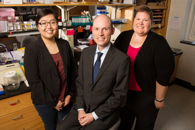 A cholesterol byproduct facilitates breast cancer’s spread by hijacking immune cells, a new University of Illinois study found. Pictured, from left: Postdoctoral researcher Amy Baek, professor Erik Nelson and breast cancer survivor Sarah Adams.