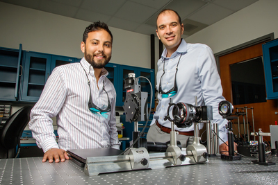 Illinois electrical and computer engineering professor Viktor Gruev, right, and graduate student Missael Garcia have developed a camera capable of sensing both color and polarization by mimicking the eye of the mantis shrimp that may improve early cancer detection and provide new understanding of underwater phenomena.