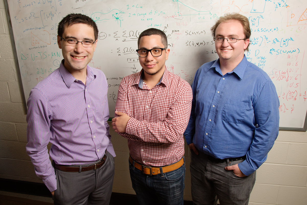 Inspired by the principles of natural polymer synthesis, Illinois chemical and biomolecular engineering professor Charles Sing, left, and graduate students Jason Madinya and Tyler Lytle co-authored a study that found they could create new synthetic materials by tuning the electrostatic charge of polymer chains.