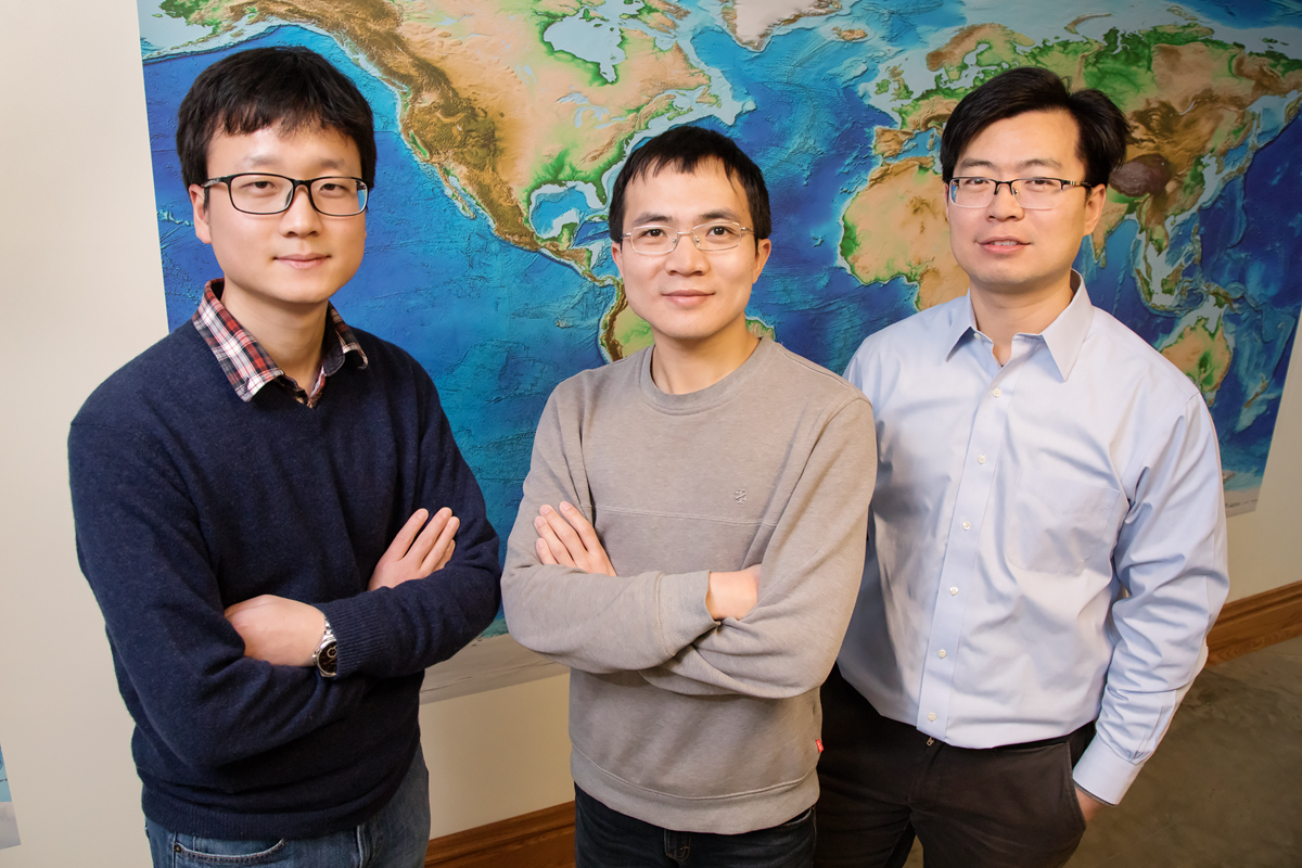 From left, geology graduate students Jiashun Hu and Quan Zhou and professor Lijun Liu challenge traditional theories about western U.S. volcanism with new evidence from supercomputer modeling.