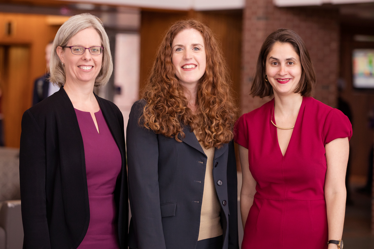 A photo of, from left, Jennifer Robbennolt, the associate dean for research at the College of Law and co-director of the Program on Law, Behavior, and Social Science; Colleen Murphy, the director of the Women and Gender in Global Perspectives Program at Illinois; and Lesley Wexler, a professor of law.