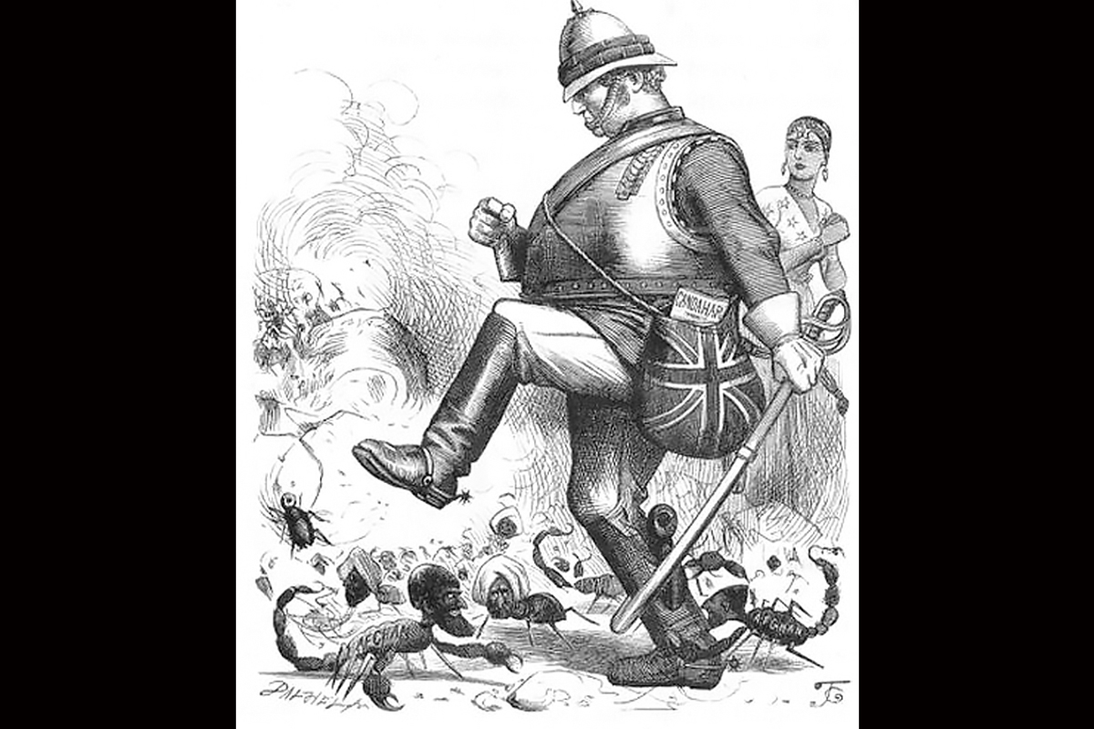 Black and white drawing of a British soldier stamping on scorpions that are half insect and half Afghan tribal soldiers.