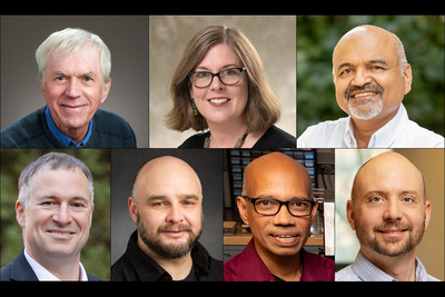 A composite image of seven faculty portraits