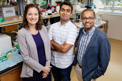 Researchers developed a rapid sensing gel to measure a molecular marker of eye injury in a teardrop. From left: Carle opthamologist Dr. Laura Labriola, Illinois visiting scholar Ketan Dighe and professor Dipanjan Pan.