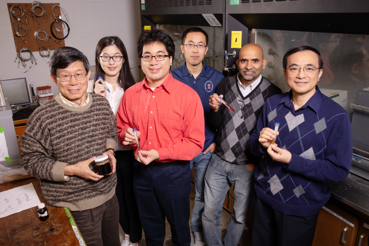 The research team includes, from left, agricultural engineering professor Yuanhui Zhang; undergraduate student Zhenwei Wu; graduate student Timothy Lee; visiting scholar Buchun Si; Illinois Sustainable Technology Center senior research engineer B.K. Sharma; and Chia-Fon Lee, a professor of mechanical science and engineering at the U. of I.