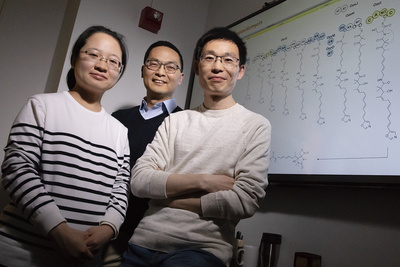 Illinois researchers developed a technique to unmute silent genes in Streptomyces bacteria using decoy DNA fragments to lure away repressors. Pictured, from left: postdoctoral researcher Fang Guo, professor Huimin Zhao and postdoctoral researcher Bin Wang