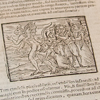 Woodcut image from a book showing a demon with wings and a tail in front of a group of people.
