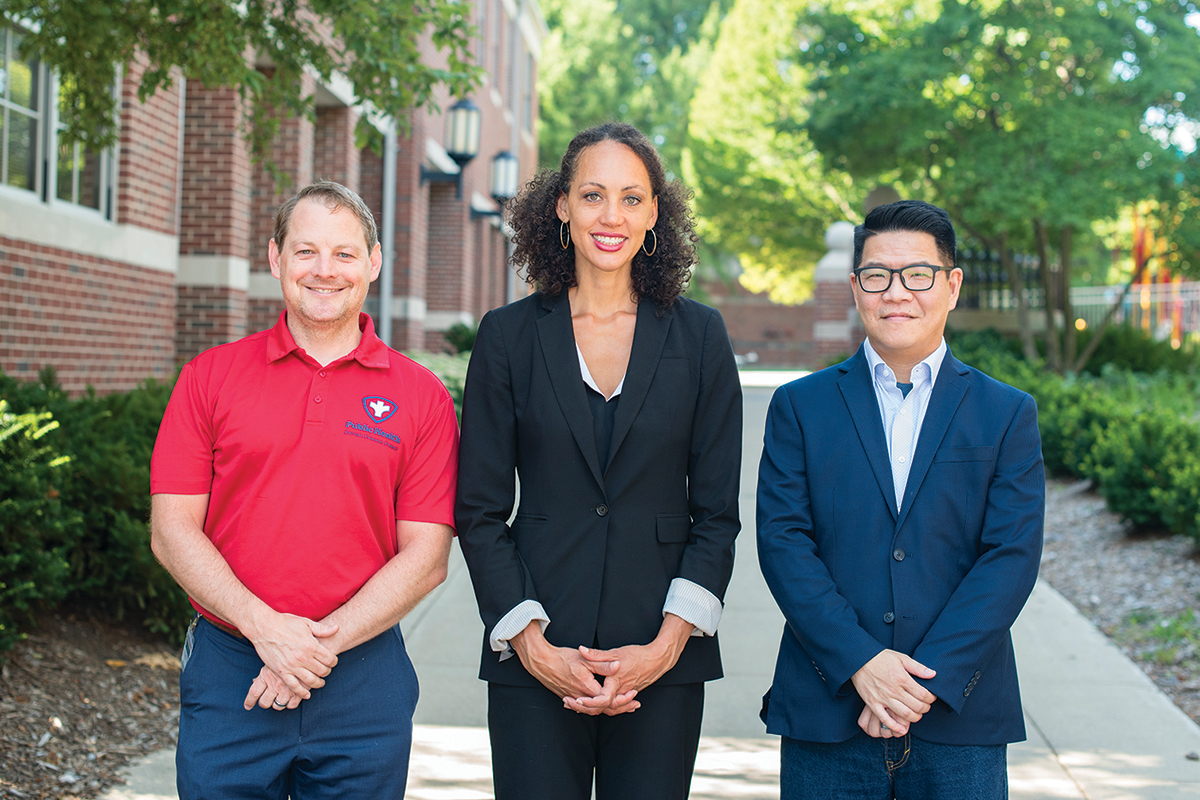The Identifying Depression through Early Assessment Women’s Health Coalition is led by, from left, Brandon Meline, the director of maternal and child health with the Champaign-Urbana Public Health District; and University of Illinois professors Karen M. Tabb Dina, social work; and Wenhao (David) Huang, education policy, organization and leadership.