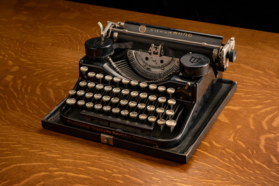 Photo of a typewriter used by Hugh Hefner in college.