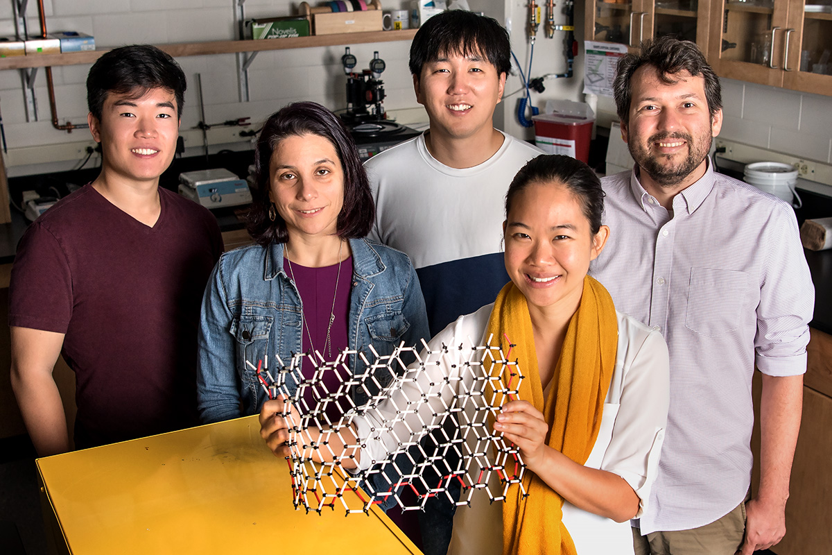 Graduate student Edmund Han, left, professor Elif Ertekin, graduate student Jaehyung Yu, professor Pinshane Y. Huang, front, and professor Arend M. van der Zande have determined how much energy it takes to bend multilayer graphene - a question that has long eluded scientists.