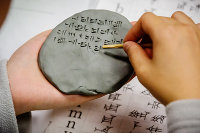 A student writes in Hittite using cuneiform symbols pressed into clay.
