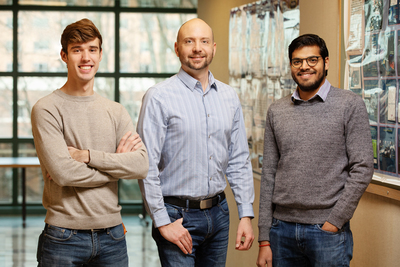 University of Illinois researchers have honed a technique called the Stokes trap, which can handle and test the physical limits of tiny, soft particles using only fluid flow. From left, undergraduate student Channing Richter, professor Charles Schroeder and graduate student Dinesh Kumar.