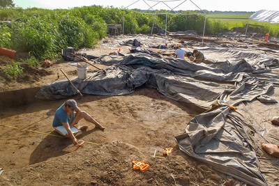 Illinois State Archaeological Survey postdoctoral researcher Rebecca Barzilai maps and collects soil samples from the floor of a religious shrine in Greater Cahokia, an ancient Native American settlement on the Mississippi River in and around present-day St. Louis.