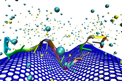 In this computer simulation, DNA in a serum sample interacts with a crumpled graphene surface.