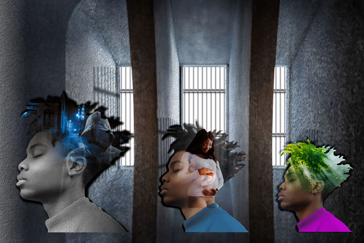 Image of a digital artwork featuring the head of a young black man repeated three times in front of prison bars and with images of what he is imagining.