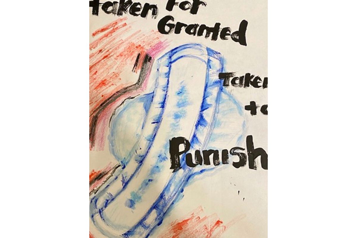 Image of a painting of a menstrual pad with the words 