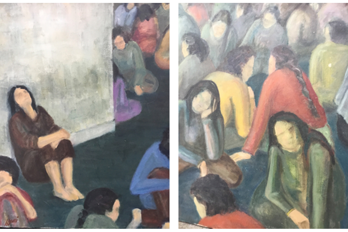 Image of a two-panel painting showing figures crowded together.