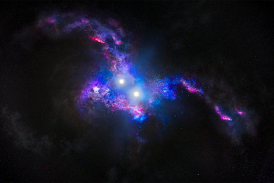 An artist’s conception shows the brilliant light of two quasars residing in the cores of galaxies in the chaotic process of merging. The gravitational tug-of-war between the two galaxies stretches them, forming long tidal tails and igniting a firestorm of star birth.