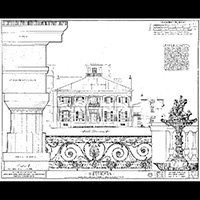 Architectural drawing of elevation and architectural details of a large home.