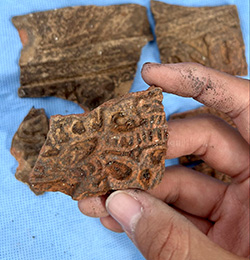 Incised ceramic sherds excavated from an ancestral Maya building.